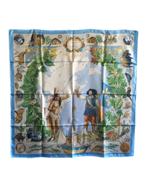 Carré HERMES "Samuel de Champlain, Le Canada" en soie bleu clair