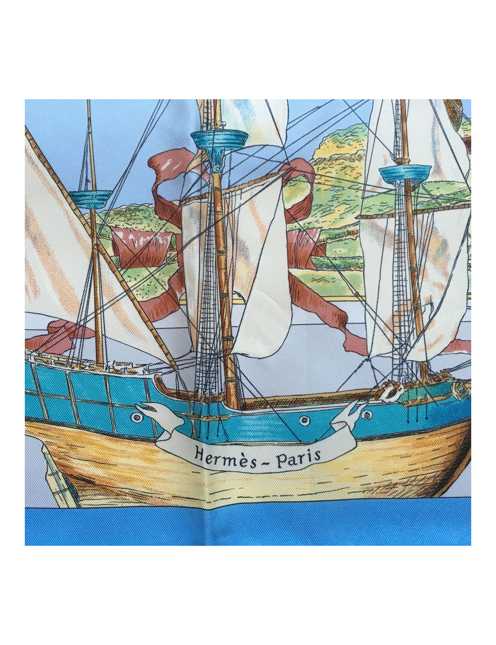 Carré HERMES "Samuel de Champlain, Le Canada" en soie bleu ciel