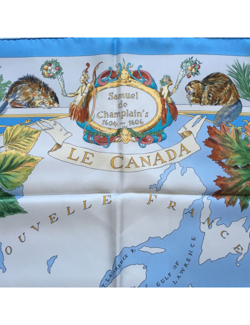 Square "Samuel Champlain, the Canada" HERMES silk sky blue