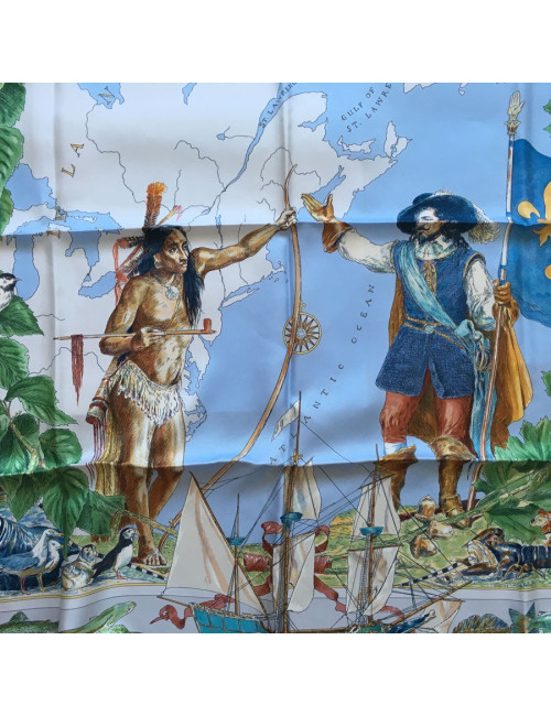 Carré HERMES "Samuel de Champlain, Le Canada" en soie bleu ciel