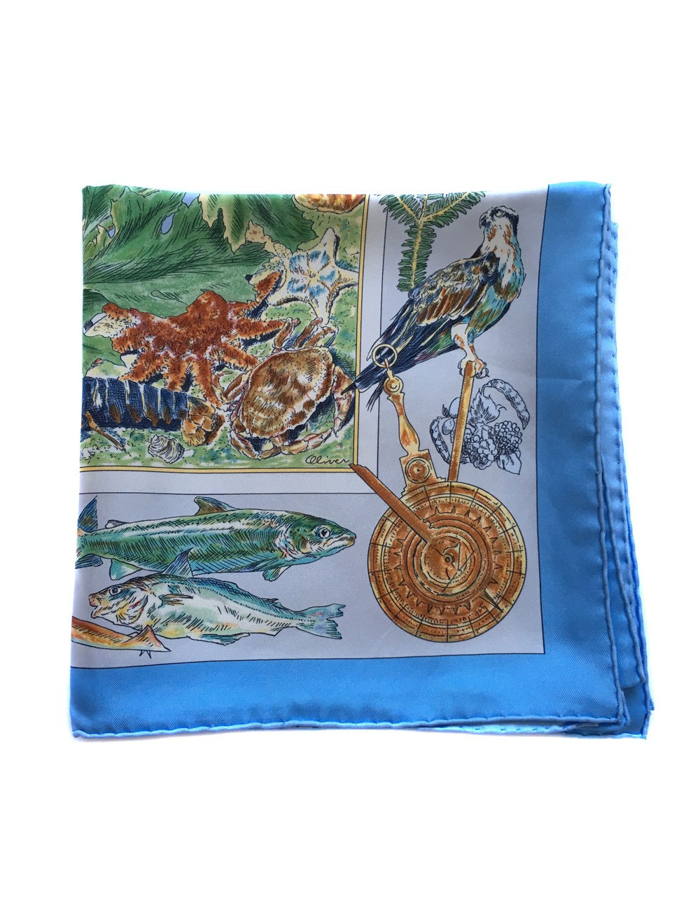 Carré HERMES "Samuel de Champlain, Le Canada" en soie bleu ciel