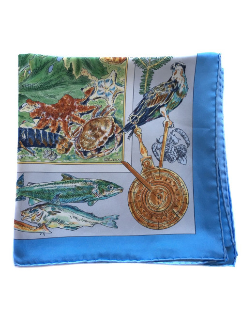 Carré HERMES "Samuel de Champlain, Le Canada" en soie bleu ciel