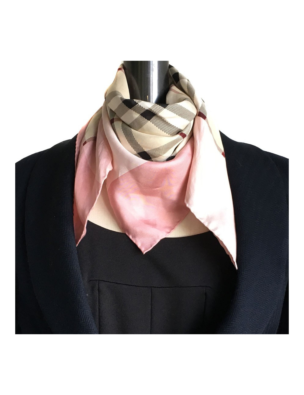 BURBERRY pattern tartan silk scarf on board rose