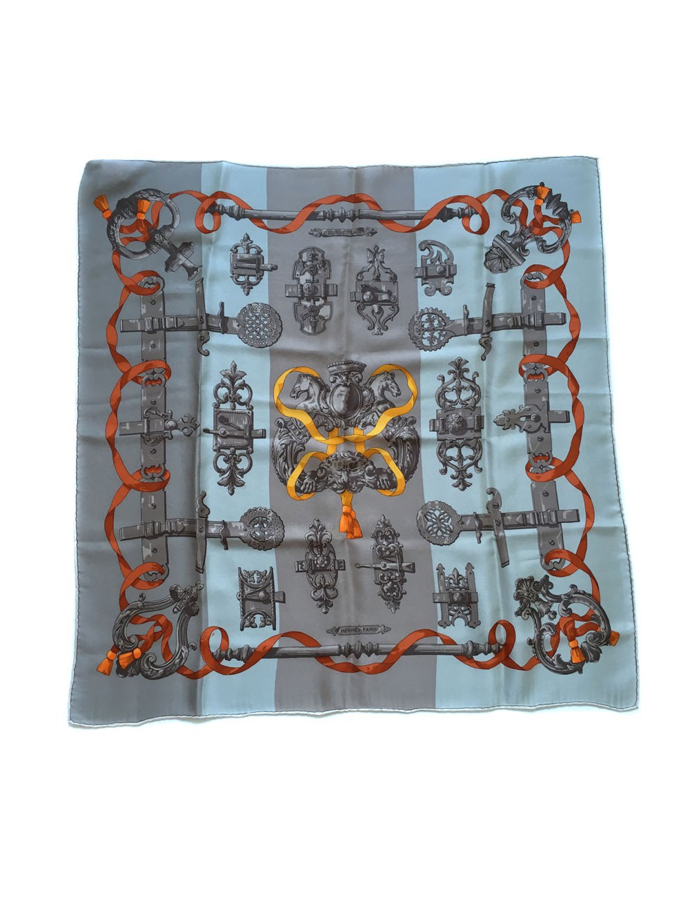 "Ironwork" HERMES square silk tow, gray and orange