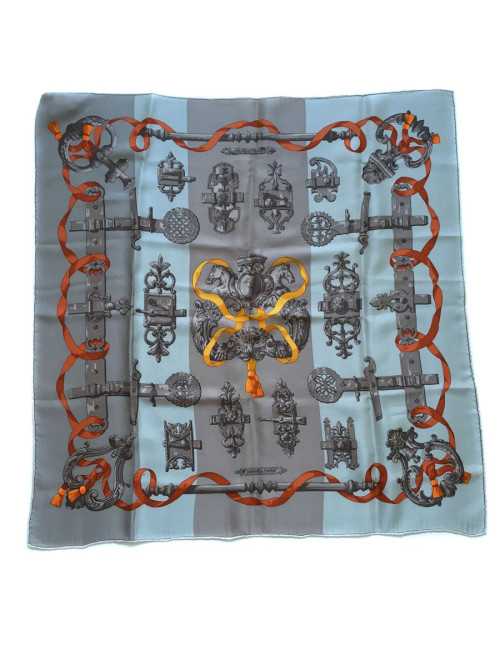 "Ironwork" HERMES square silk tow, gray and orange