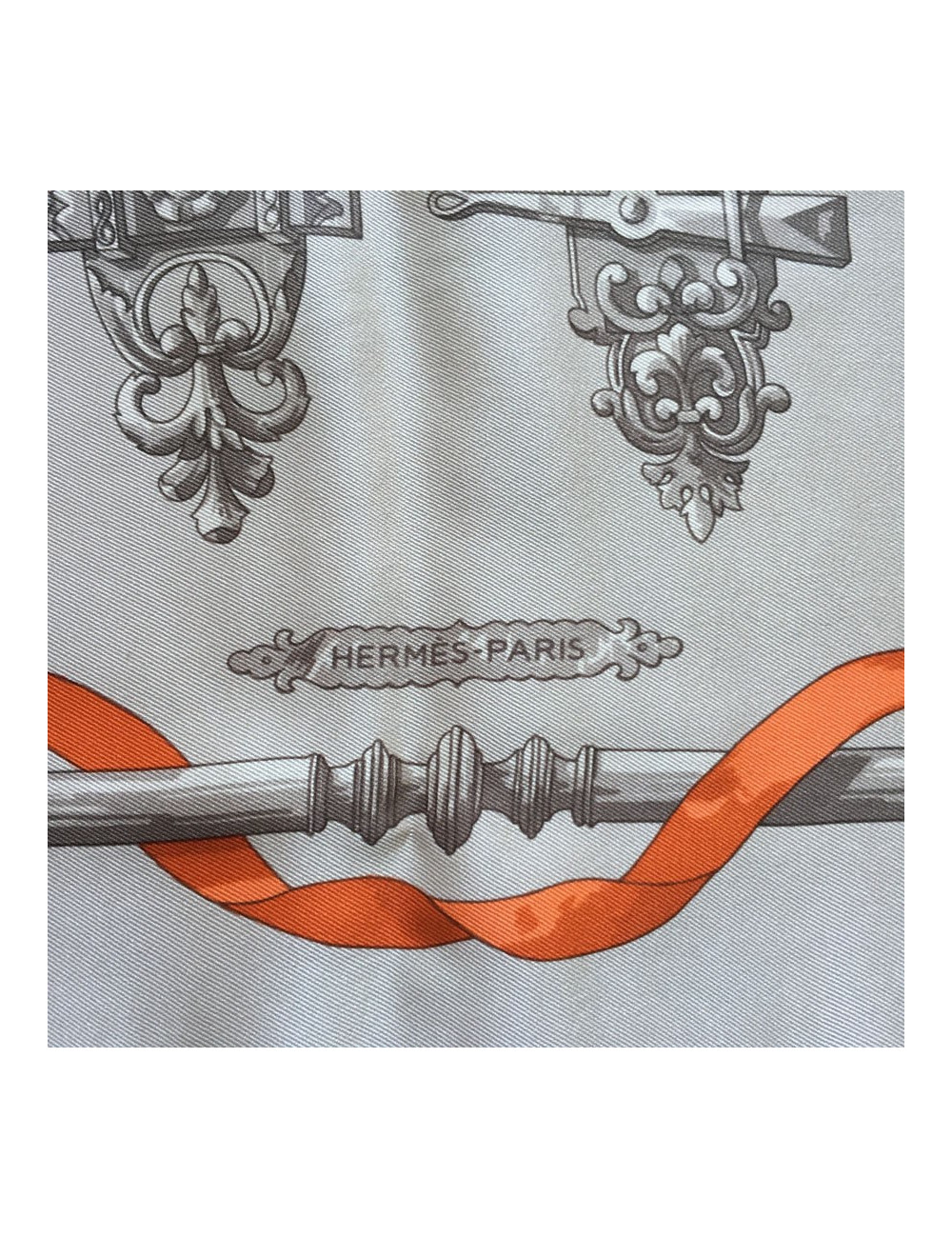 "Ironwork" HERMES square silk tow, gray and orange