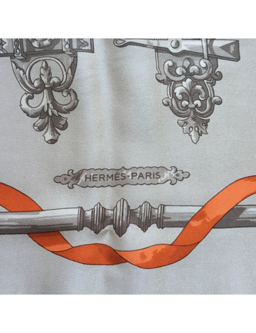 "Ironwork" HERMES square silk tow, gray and orange