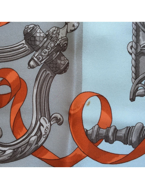 "Ironwork" HERMES square silk tow, gray and orange