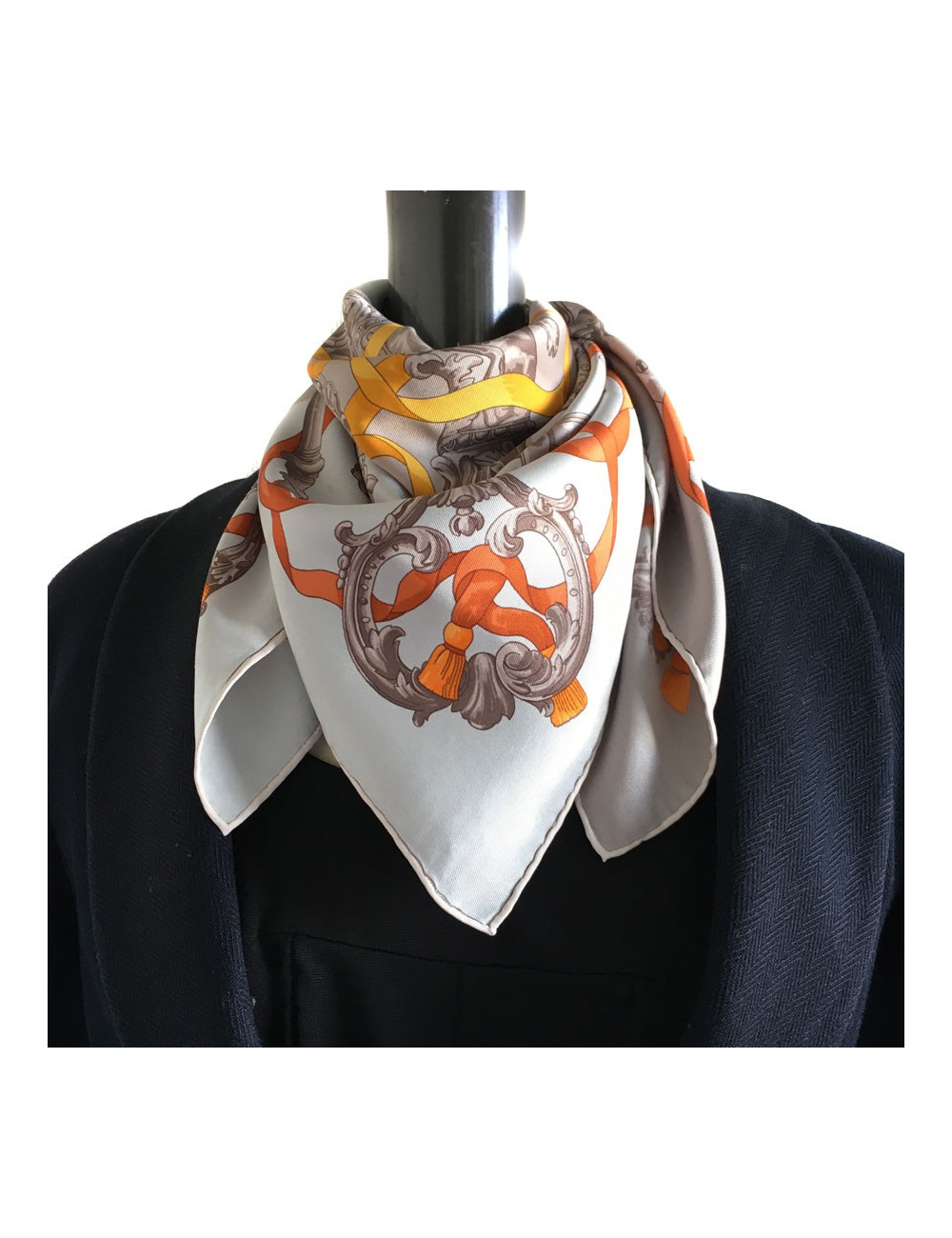 "Ironwork" HERMES square silk tow, gray and orange