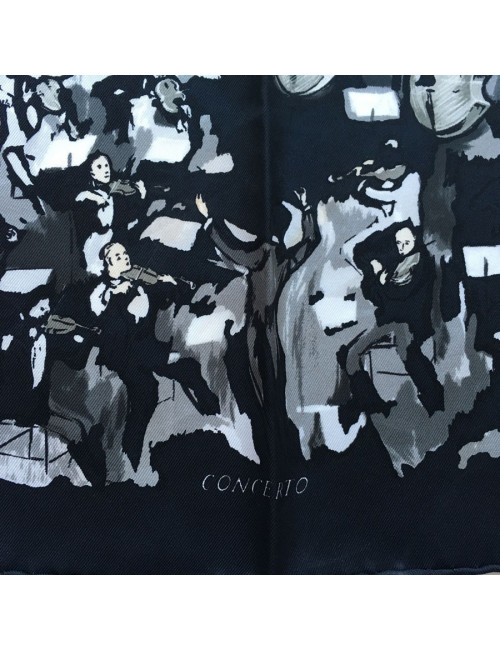 Gavroche HERMES "Concerto" en soie noir, gris  et blanc