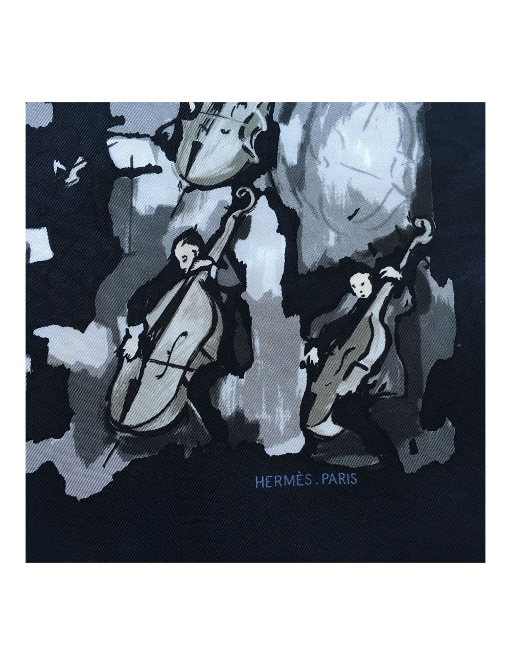 Gavroche HERMES "Concerto" en soie noir, gris  et blanc