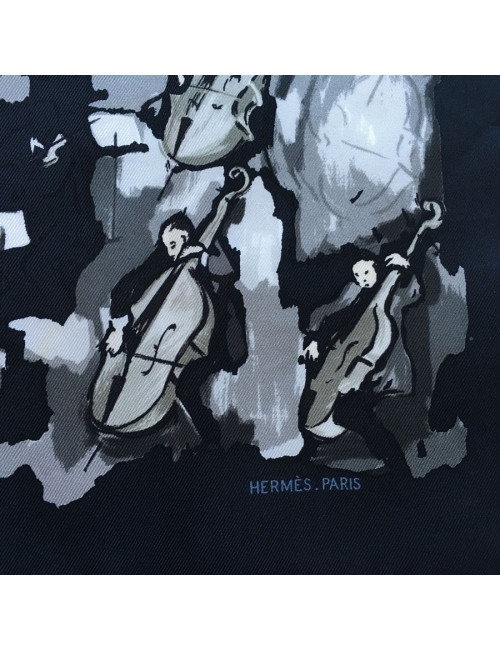 Gavroche HERMES "Concerto" en soie noir, gris  et blanc