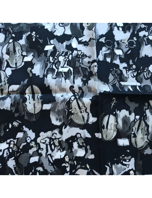 Gavroche HERMES "Concerto" en soie noir, gris  et blanc