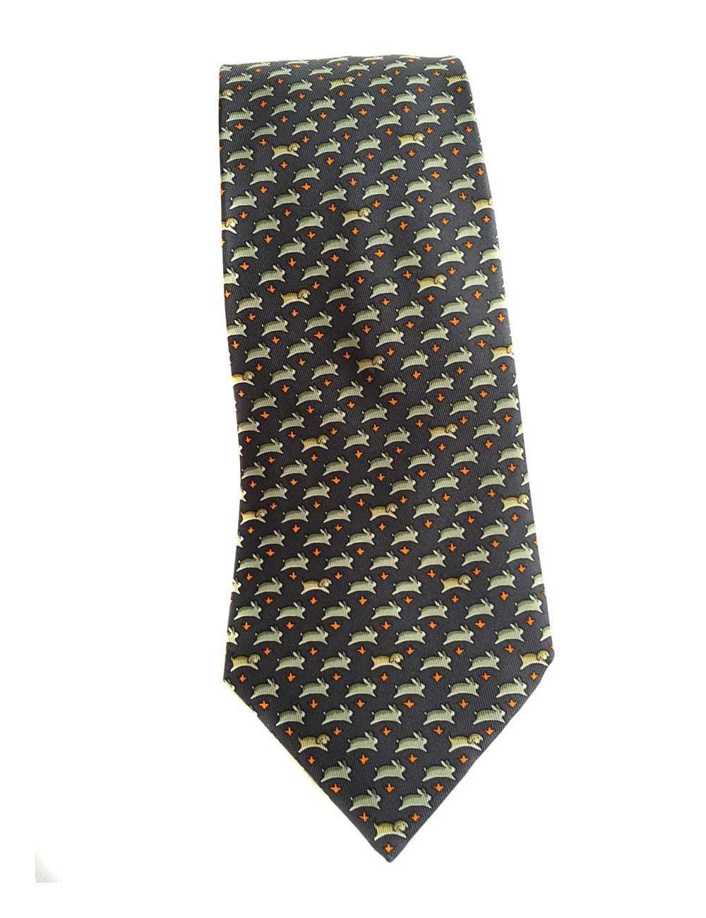 Cravate HERMES en twill de soie bleu, vert et orange