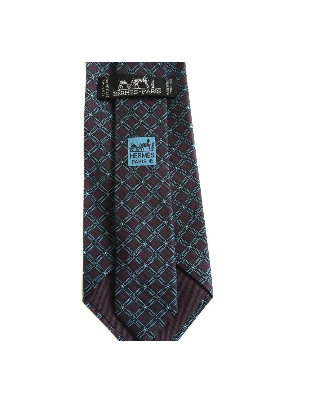 Cravate HERMES en twill de soie prune, bleu ciel et blanc