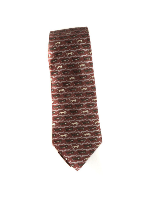 Cravate HERMES en twill de soie bordeaux, gris et crème 
