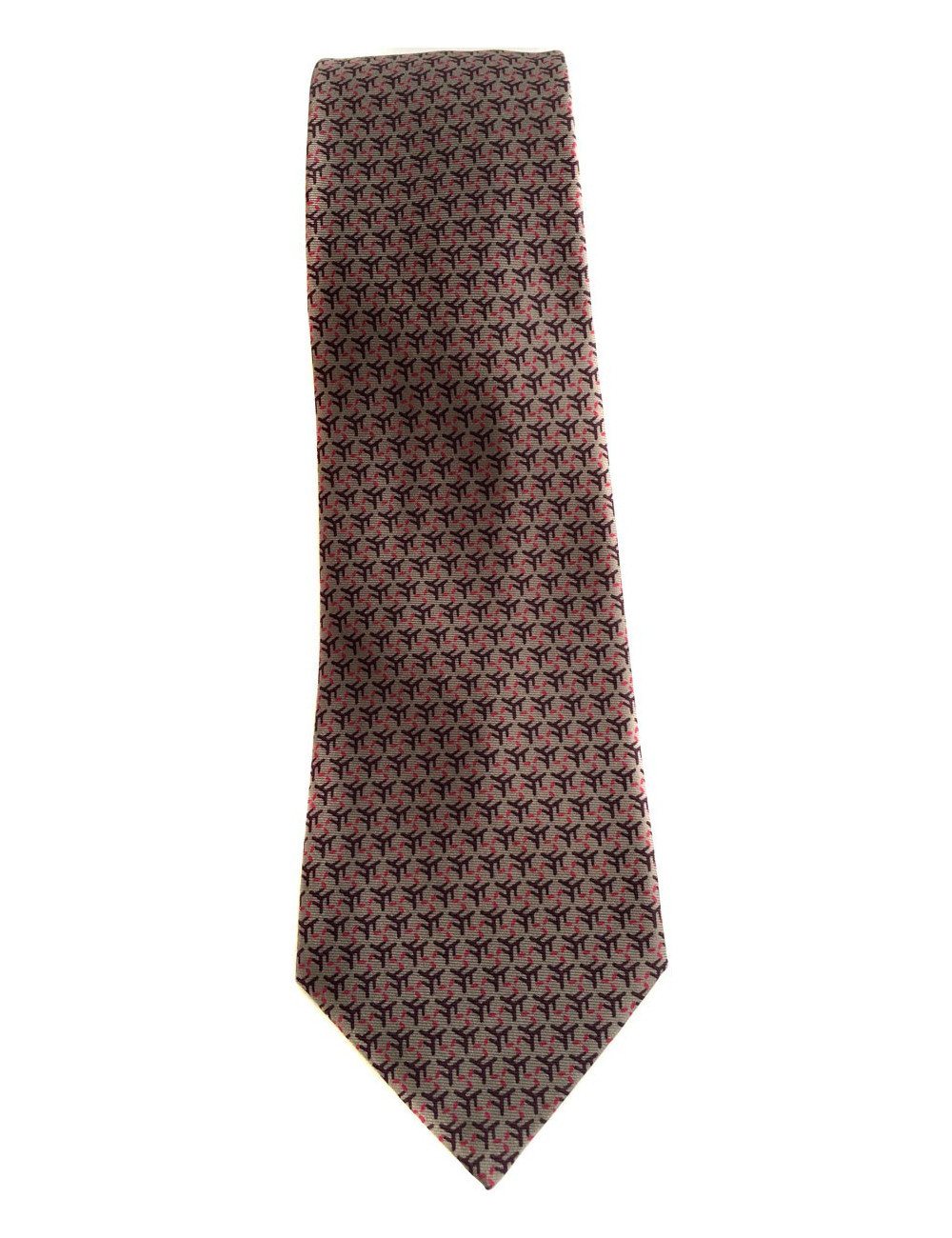 Cravate HERMES en twill de soie gris clair, gris foncé et rose