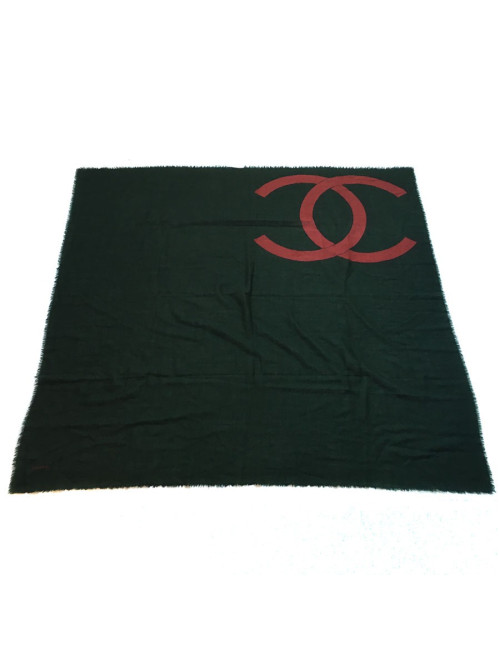 CHANEL scarf silk and cashmere green and red brick