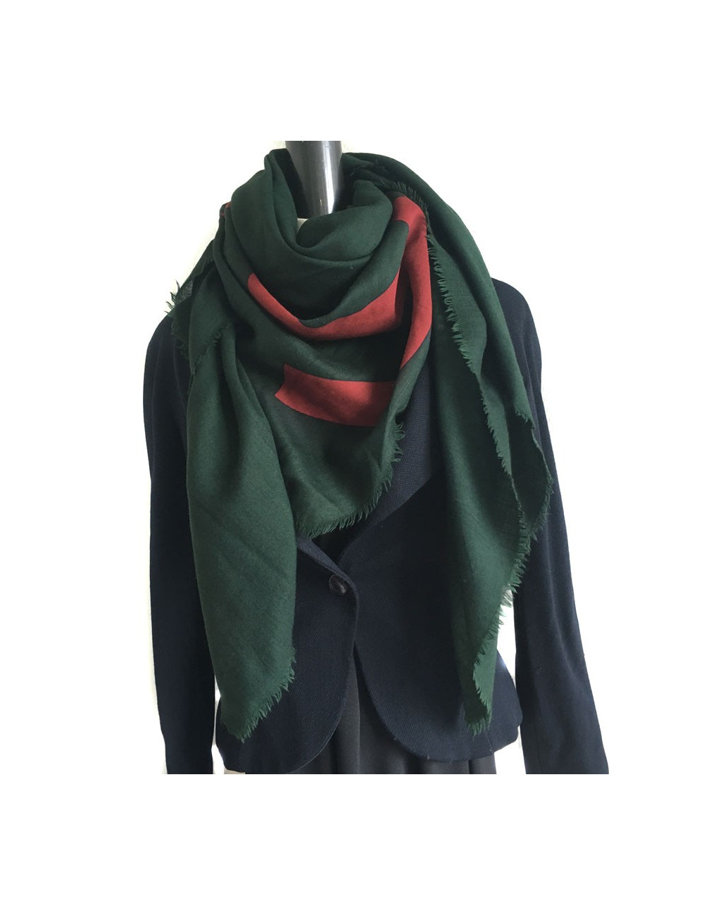 CHANEL scarf silk and cashmere green and red brick