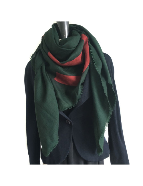 CHANEL scarf silk and cashmere green and red brick