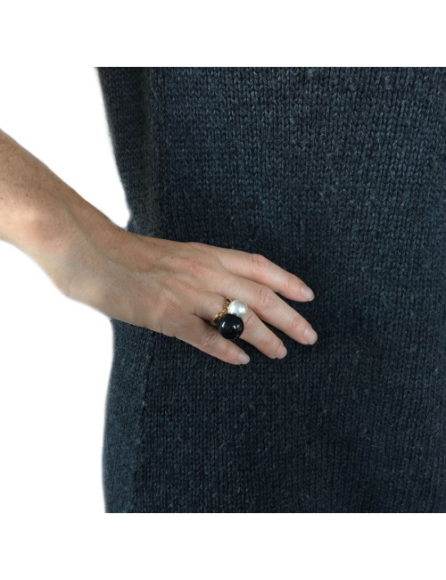 Bague CHANEL T 53,5  perles noires et blanches