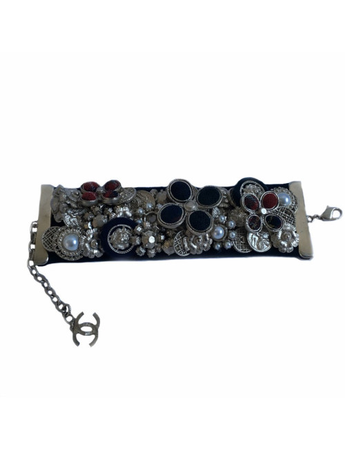 CHANEL cuff "Paris-Edinburgh" in leather and failure of blue velvet Navy