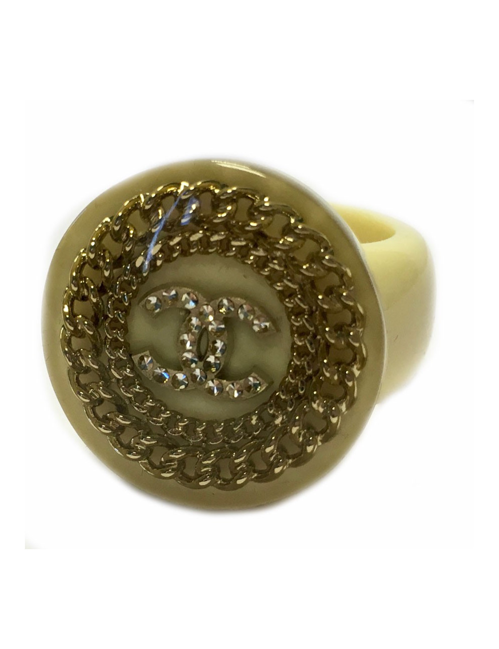 Bague CHANEL T53  crème avec inclusions de chaînes et CC en strass