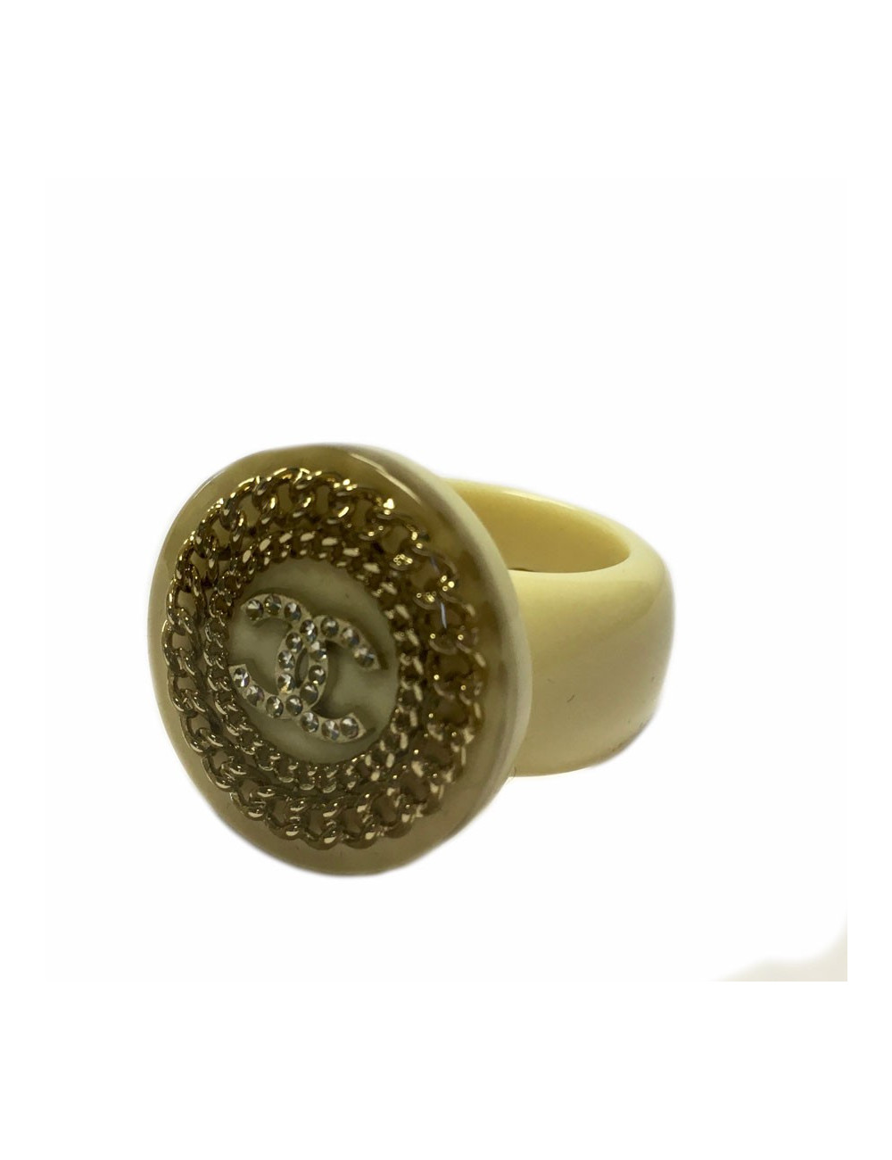 Bague CHANEL T53  crème avec inclusions de chaînes et CC en strass