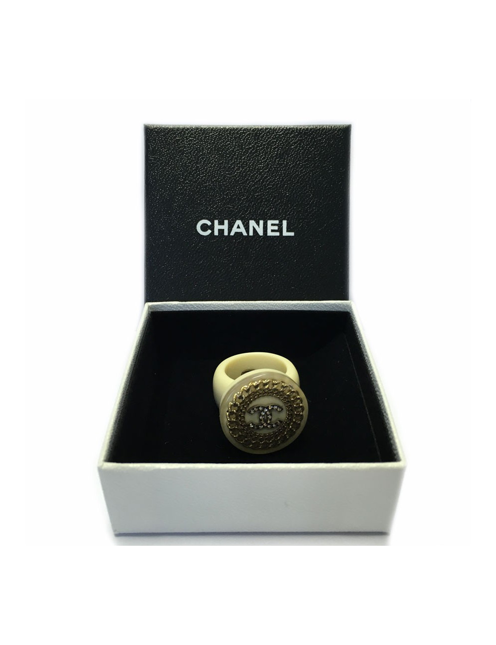 Bague CHANEL T53  crème avec inclusions de chaînes et CC en strass