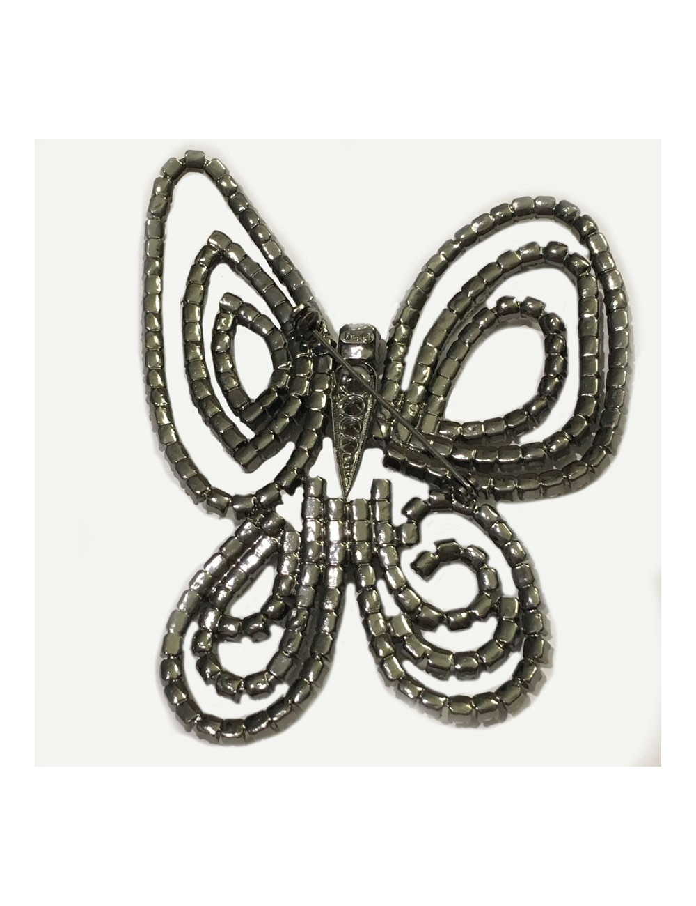 Large pin DIOR Butterfly in ruthenium and Pearly grey pearls