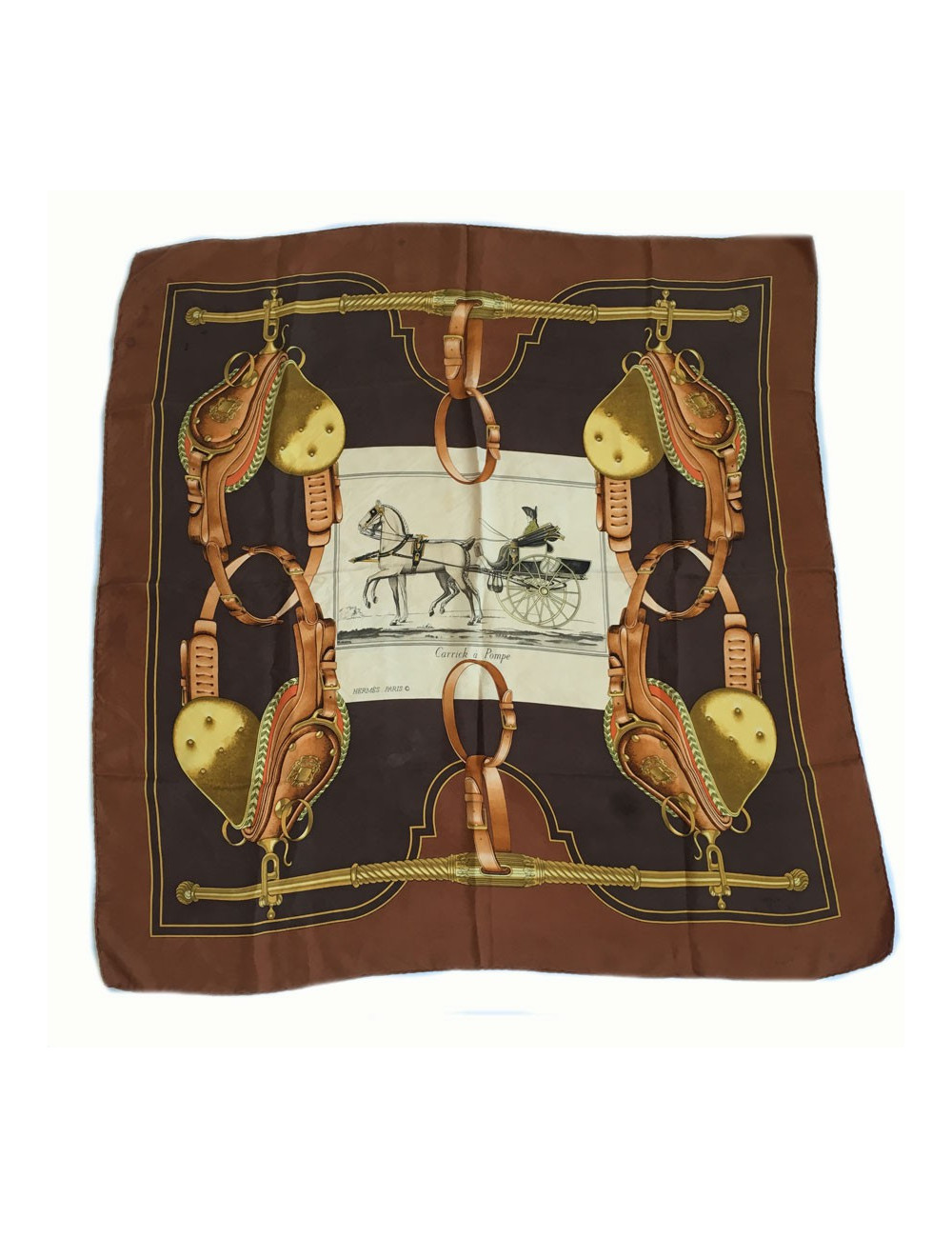 Carré HERMES "Carrick à pompe" en soie marron