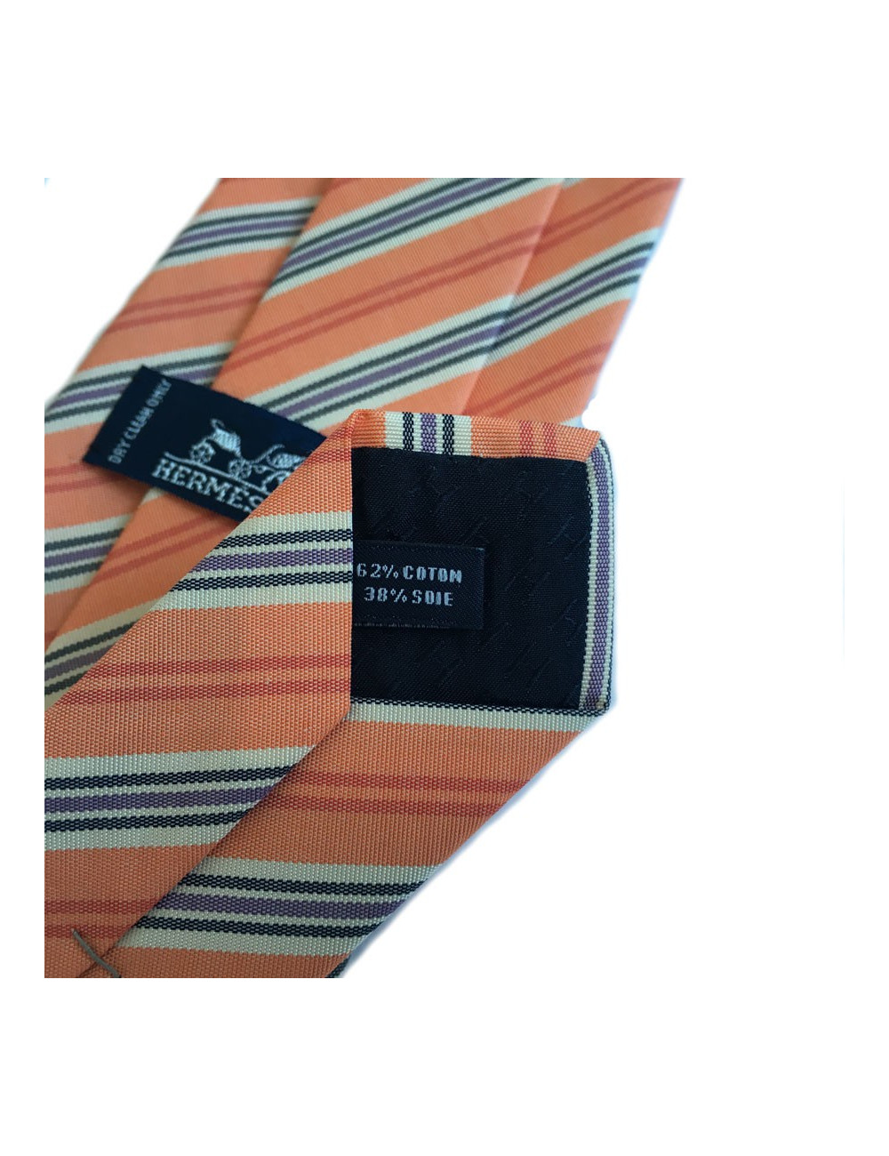 Cravate HERMES en coton et soie orange clair à rayures 