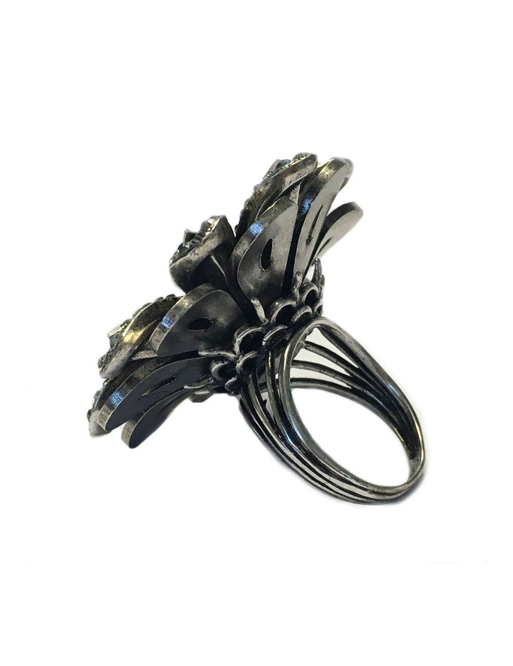 Ring Marguerite LANVIN T55 silver metal and rhinestones