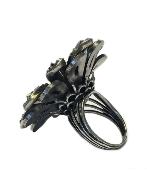 Ring Marguerite LANVIN T55 silver metal and rhinestones