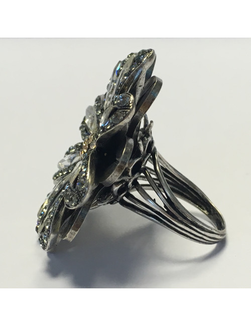 Ring Marguerite LANVIN T55 silver metal and rhinestones