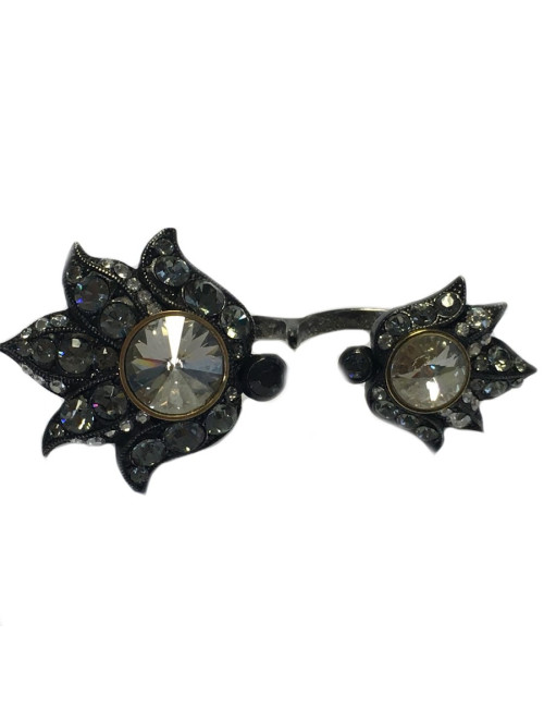 Bague LANVIN 2 doigts en ruthénium et strass 