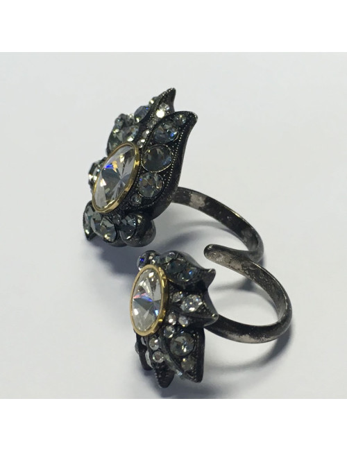 Bague LANVIN 2 doigts en ruthénium et strass 