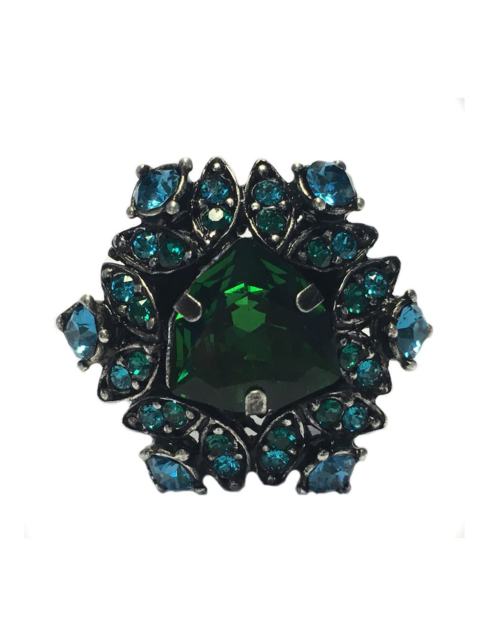 Bague LANVIN T 55 en métal argenté et strass bleu et vert