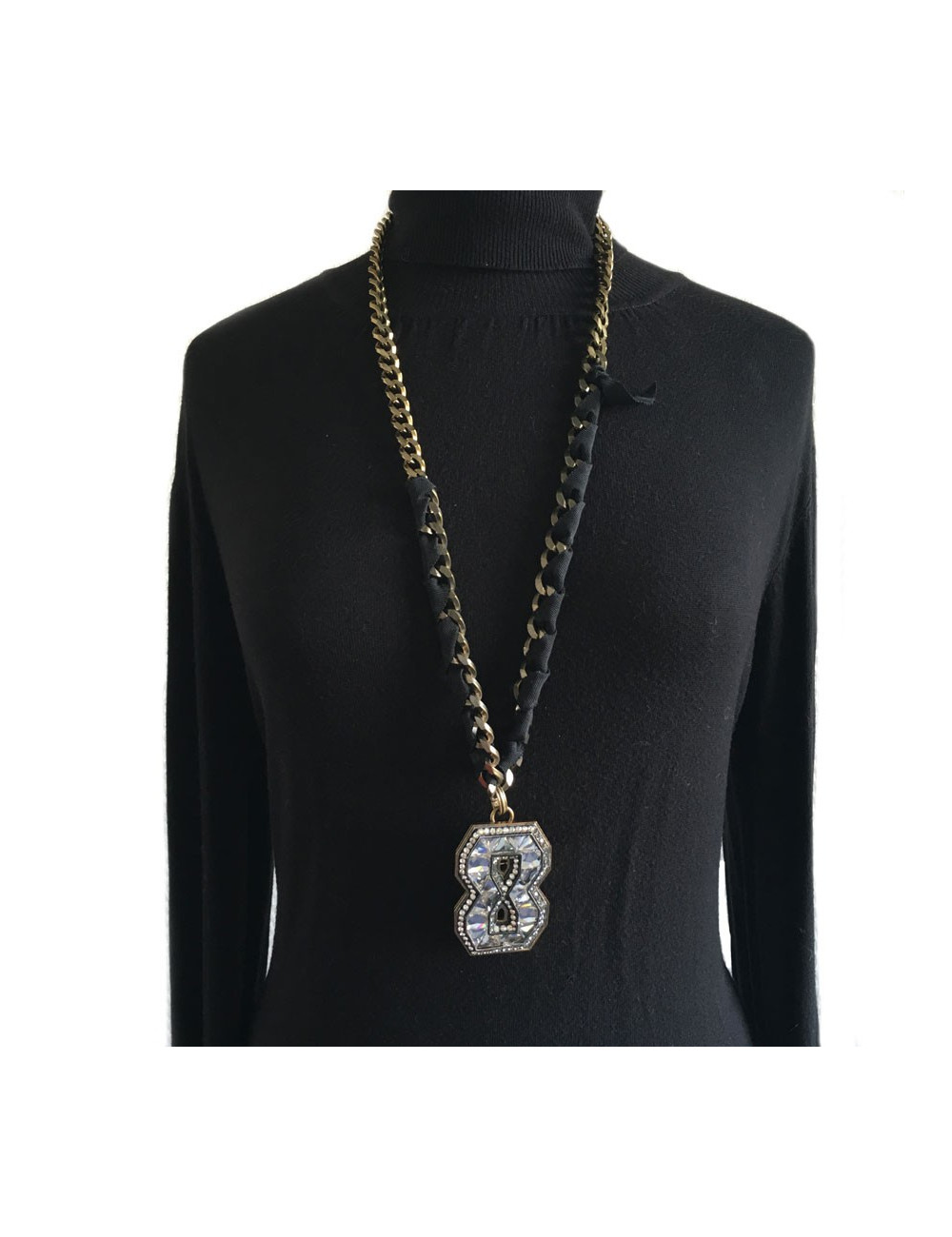 Sautoir LANVIN pendentif broche 8 en strass 