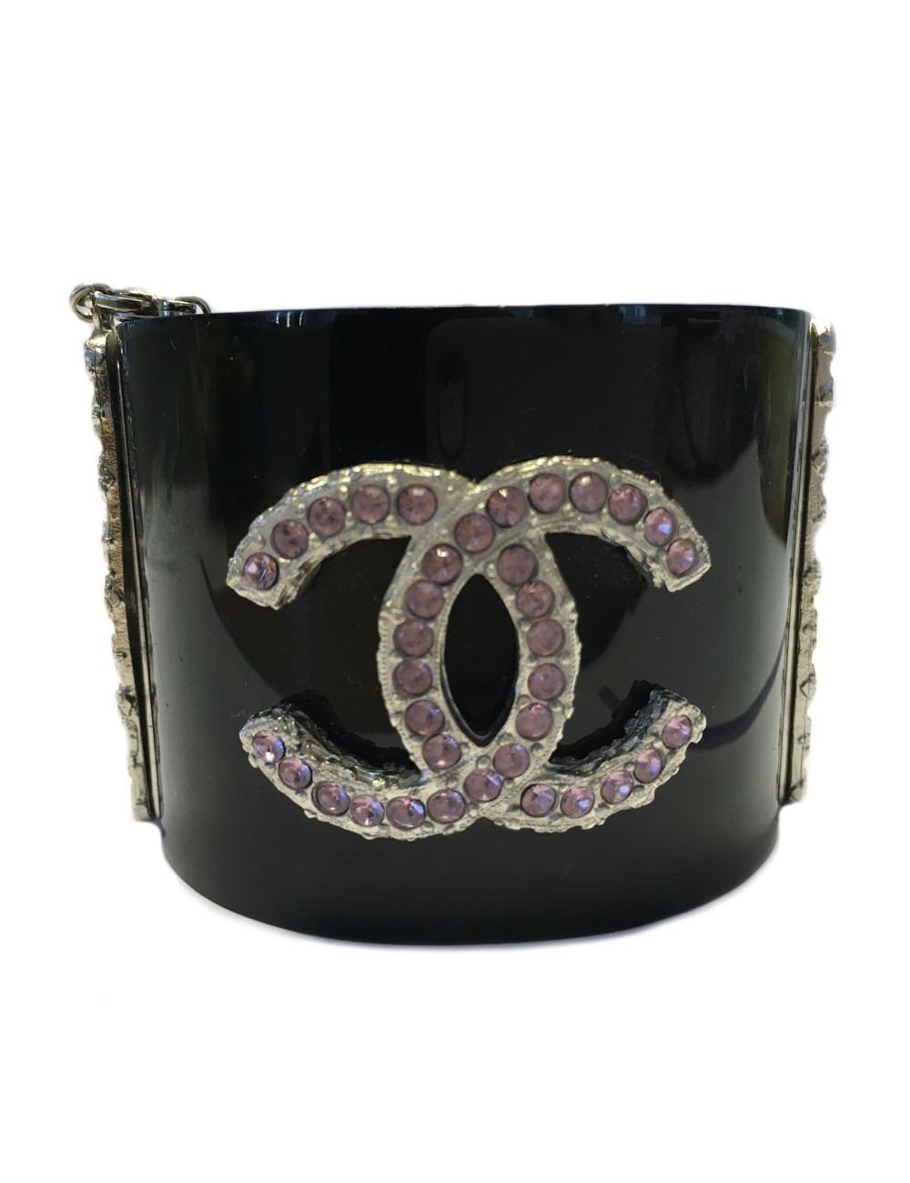 Manchette CHANEL noire et CC en strass mauve