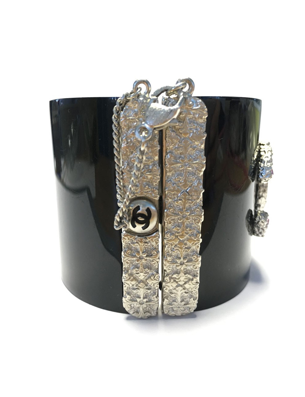 Manchette CHANEL noire et CC en strass mauve