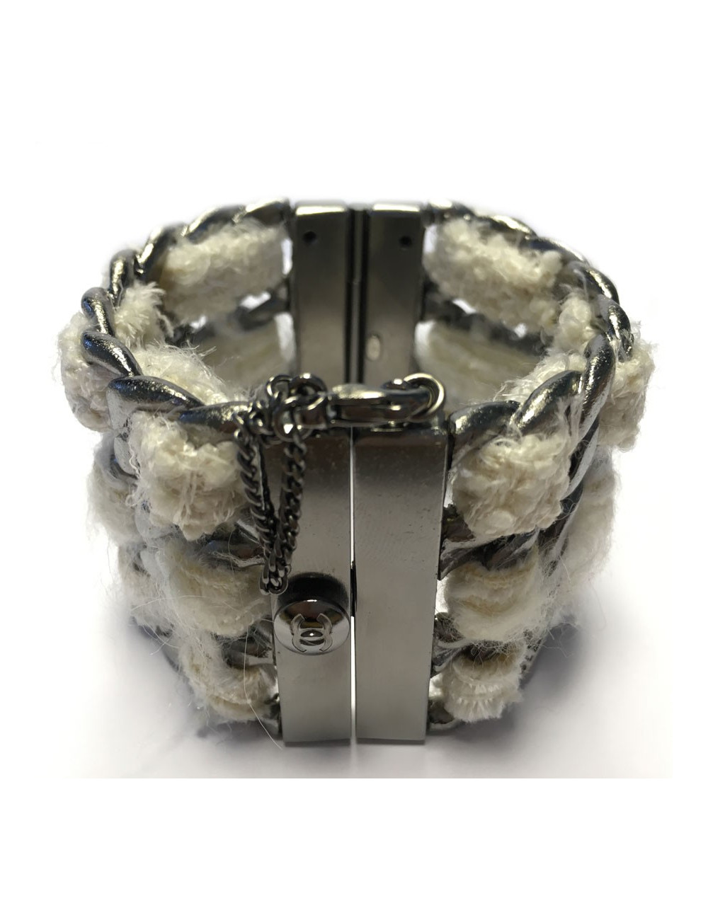 CHANEL cuff in silver and white tweed