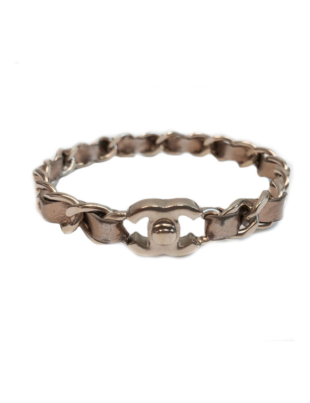 Bracelet CHANEL en métal doré entrelacé de cuir