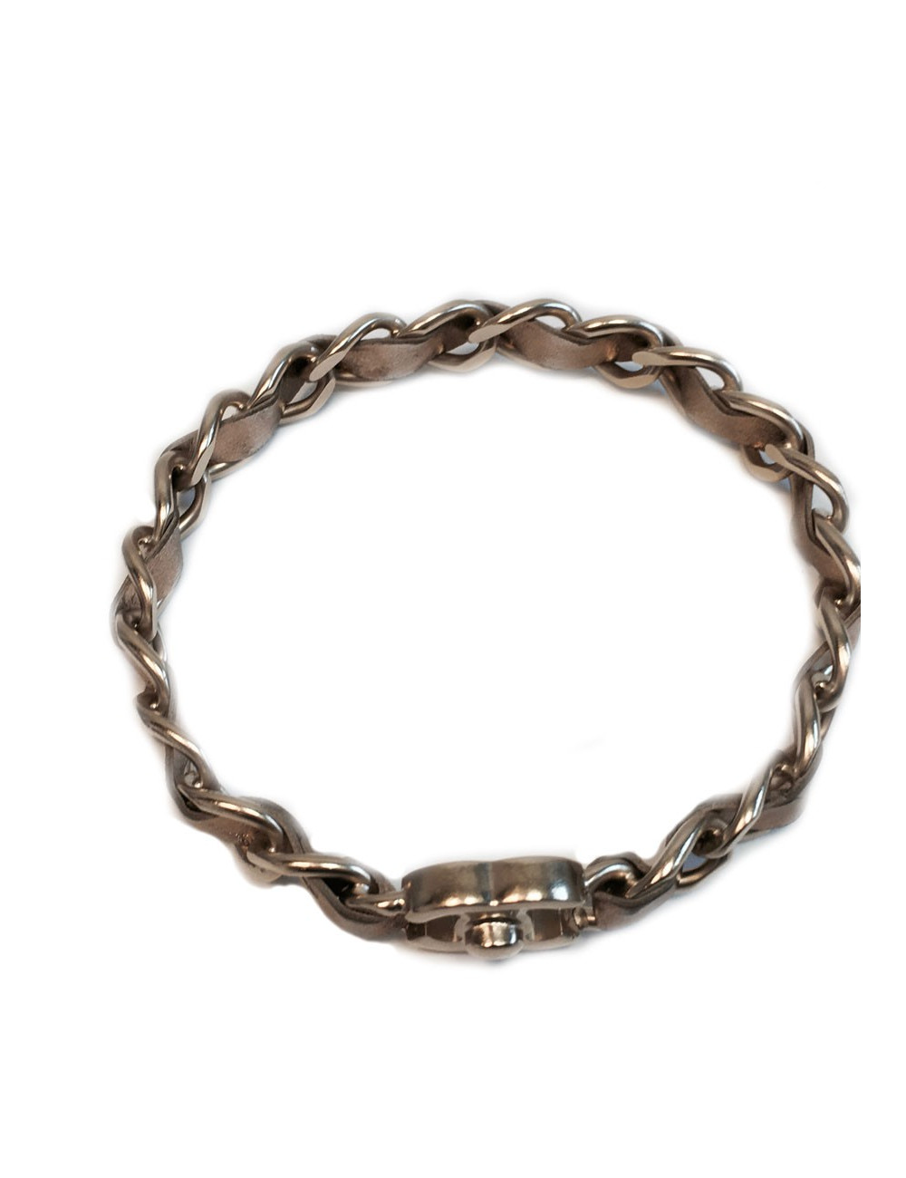 CHANEL bracelet leather interlaced gold metal