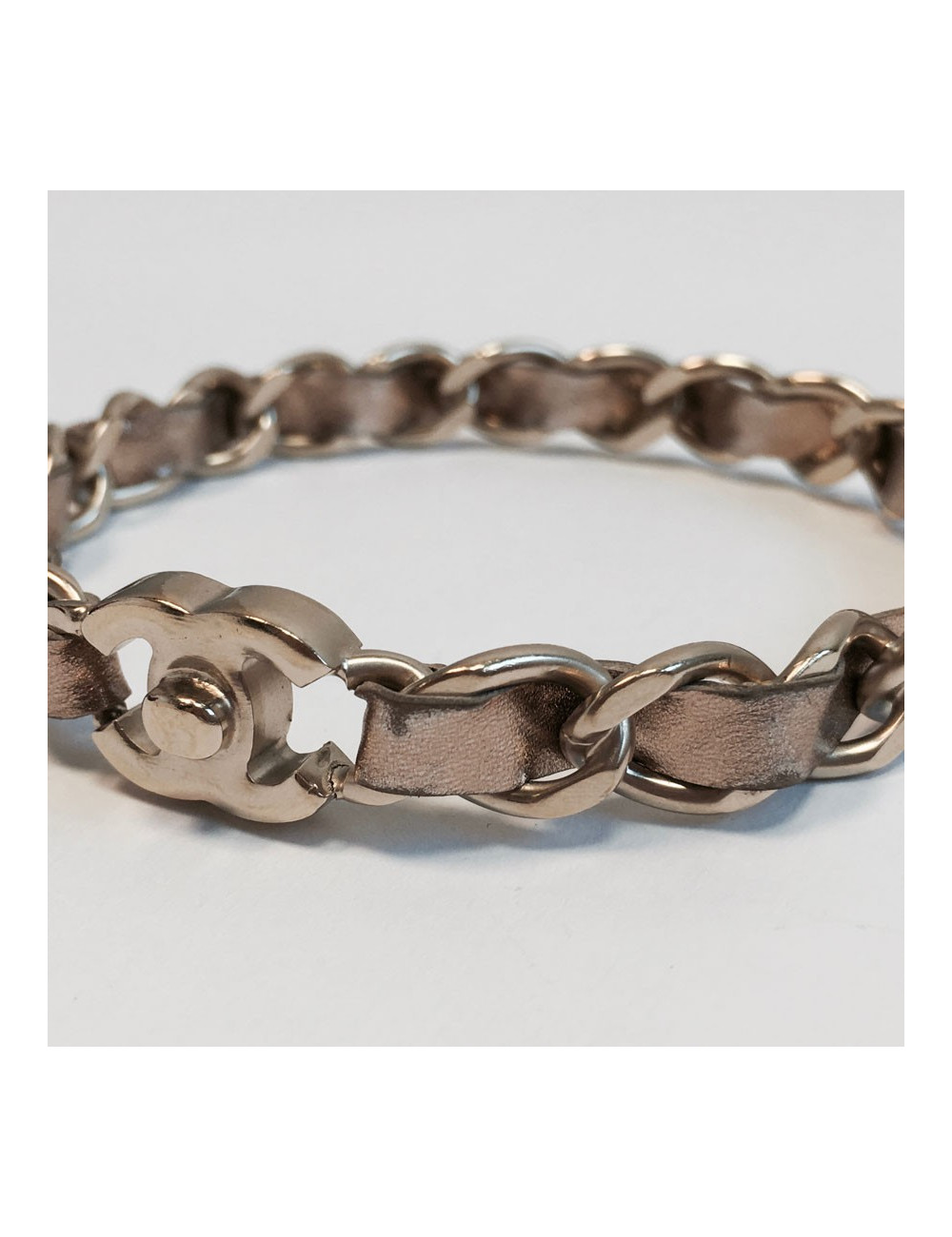 CHANEL bracelet leather interlaced gold metal