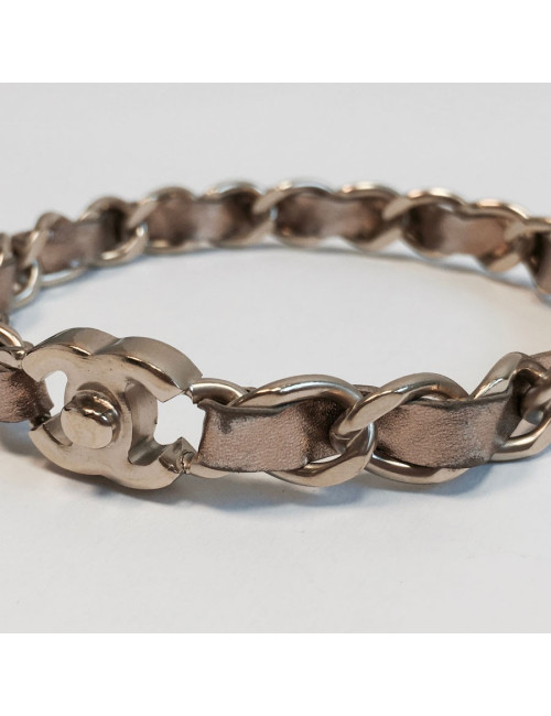 CHANEL bracelet leather interlaced gold metal