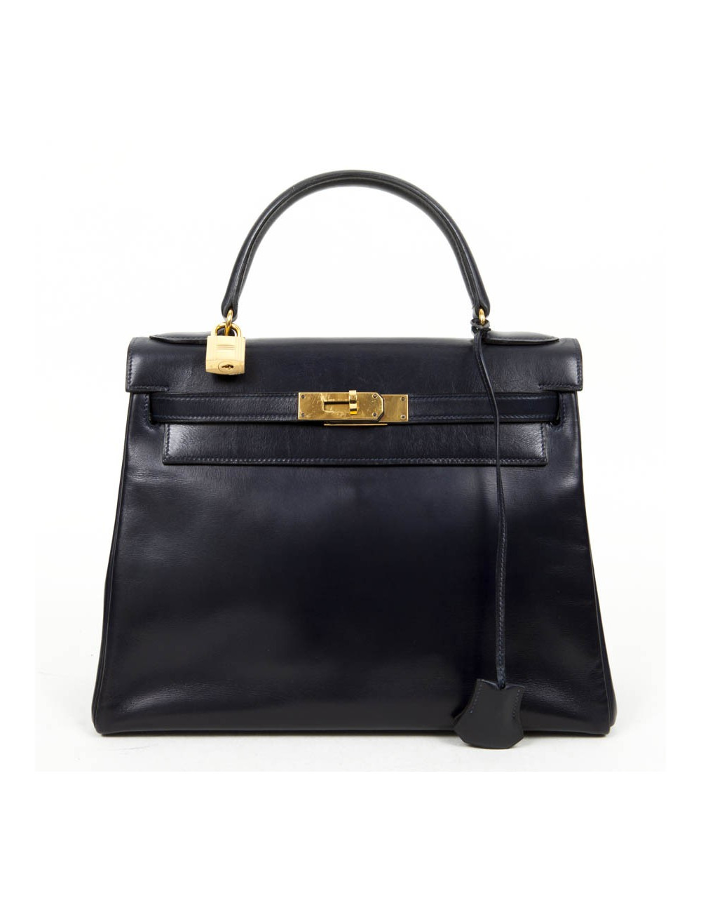 Sac Kelly 28 HERMES en cuir box bleu nuit