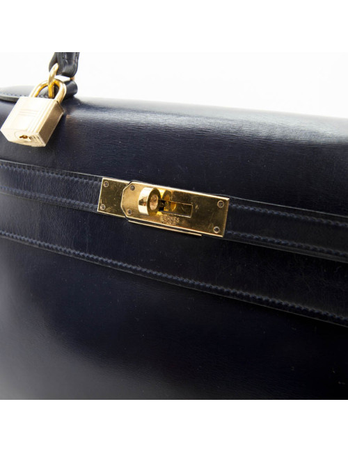 Sac Kelly 28 HERMES en cuir box bleu nuit