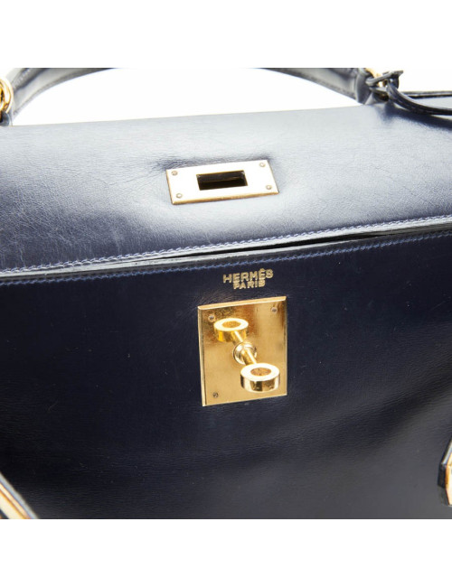 Sac Kelly 28 HERMES en cuir box bleu nuit