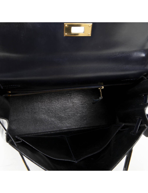 Sac Kelly 28 HERMES en cuir box bleu nuit